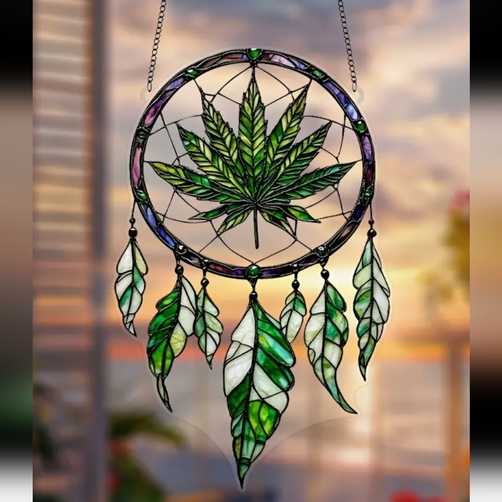 Stained Glass Dreamcatcher with Green and Purple Accents